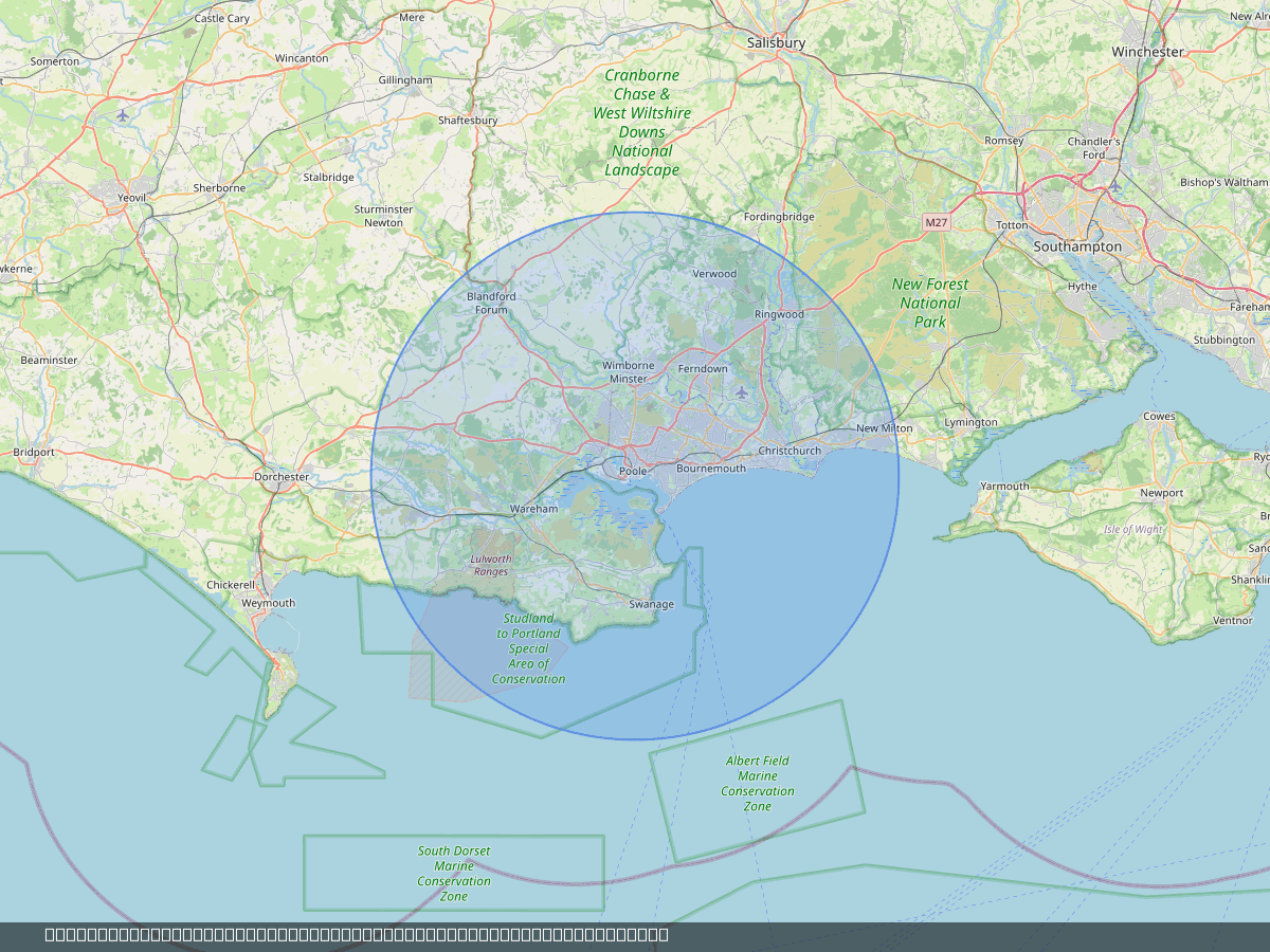 Map showing roughly 15 miles around the service base (BH15 1QR)